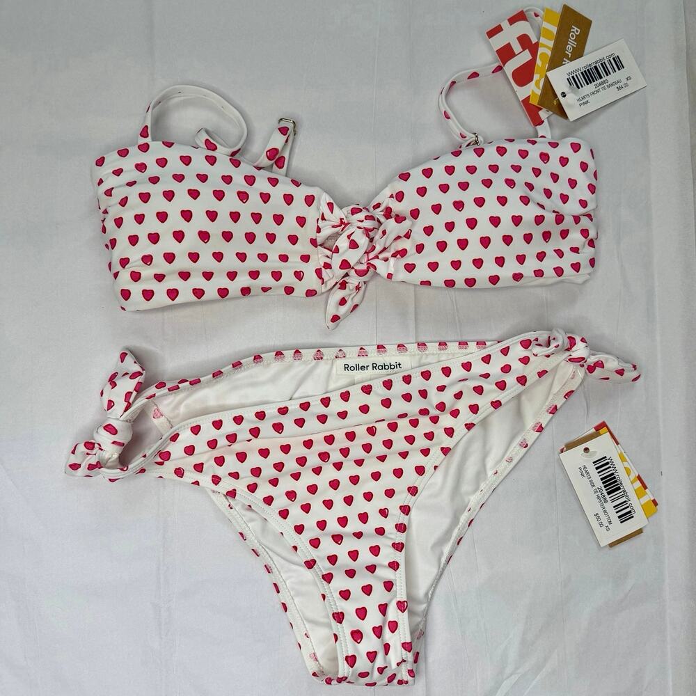 NWT Roller Rabbit Pink Hearts Front Tie Bandeau Bikini